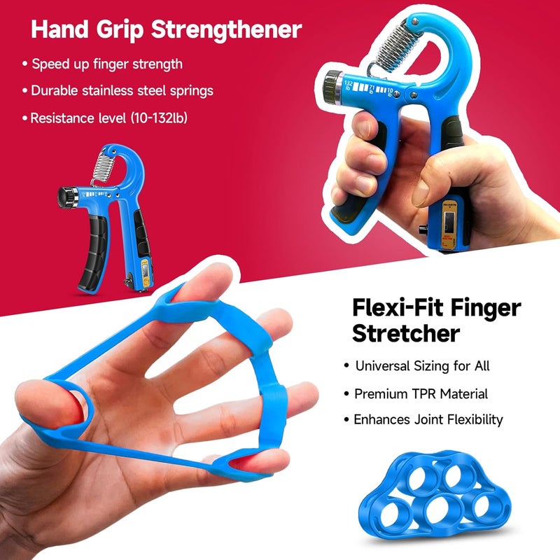 FitBeast Hand Grip Strengthener Workout Kit (5 Pack), 2 Forearm Grip Adjustable Resistance Hand Gripper, Finger Stretcher, Grip Ring & Stress Relief Grip Ball for Athletes - Image 3